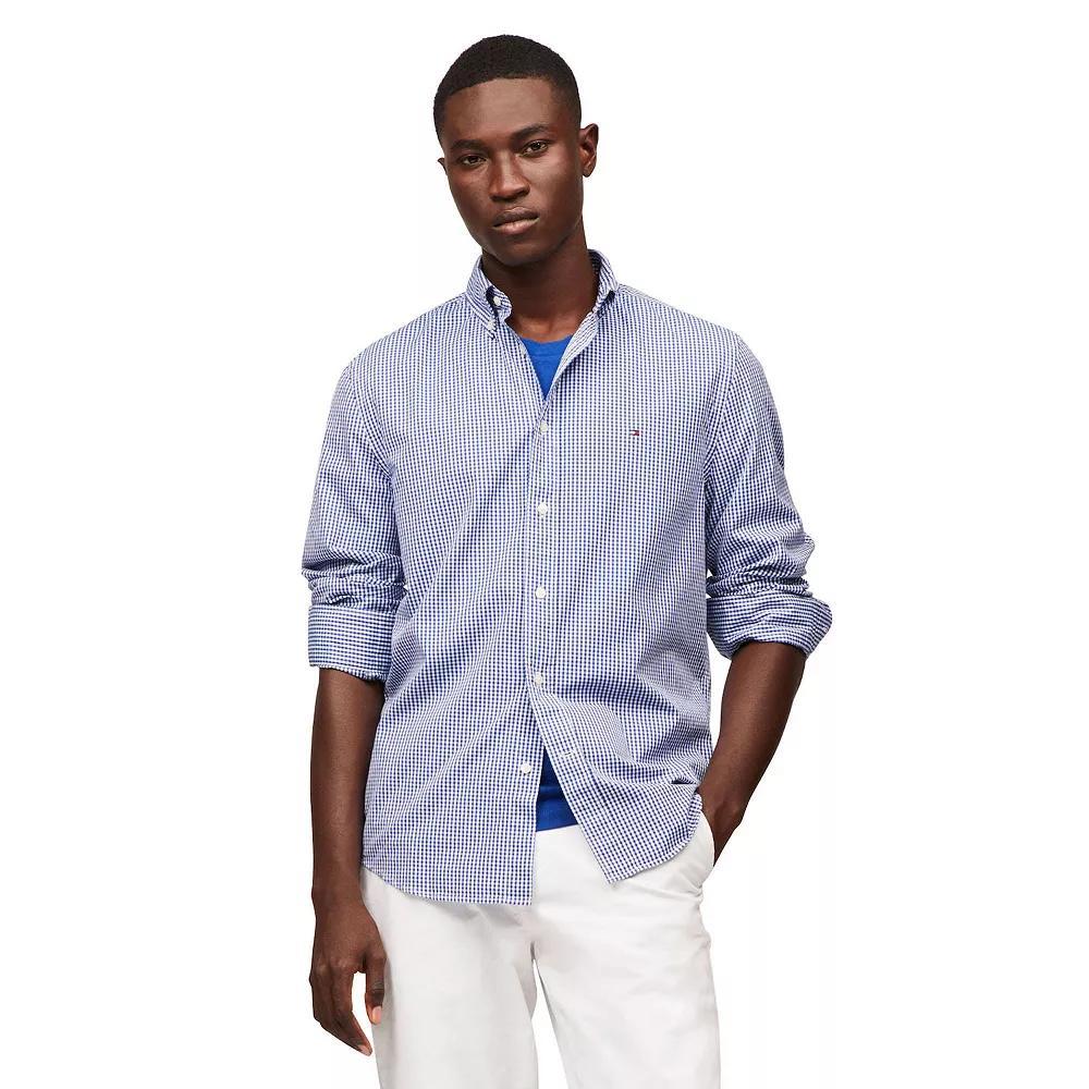 Men's Tommy Hilfiger Flex Poplin Gingham Long Sleeve Shirt, Size: Medium, Wedge Blue Gingham Product Image