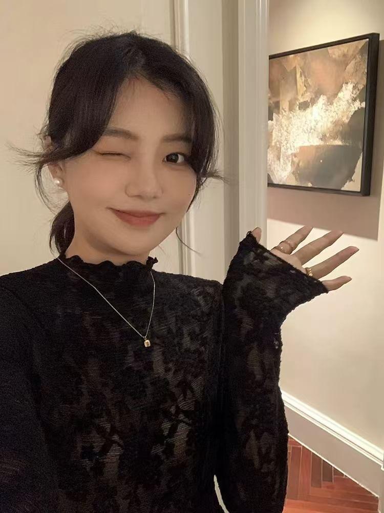 Long-Sleeve Mock Neck Lace Top Product Image