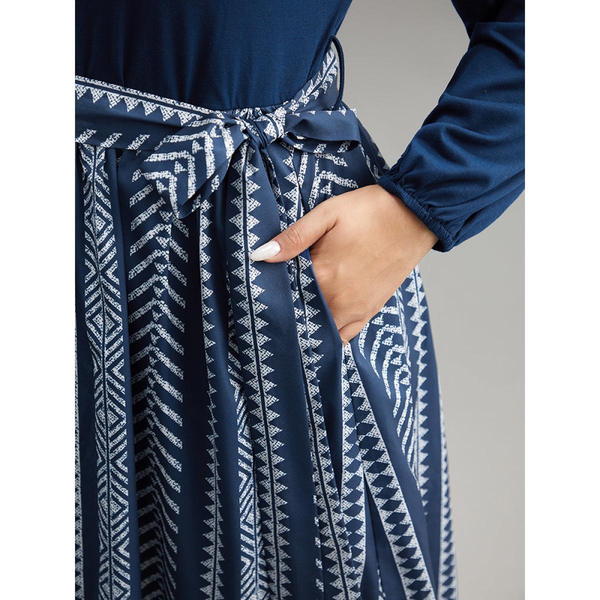 Plus Size Bandana Striped Patchwork Pocket Belted Dress Indigo Women Vacation Belted Round Neck Long Sleeve Curvy Midi Dress BloomChic 12/L Product Image