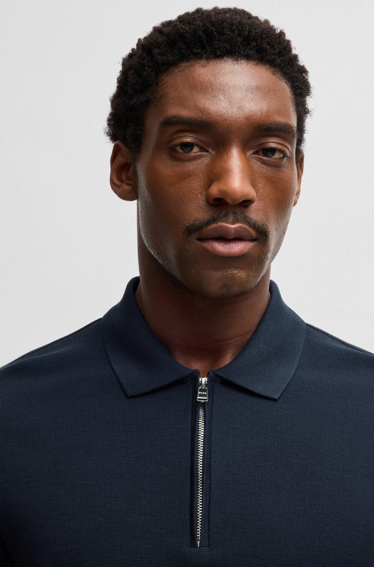 BOSS - Zip-neck knit polo shirt with waffle structure - Dark Blue Product Image