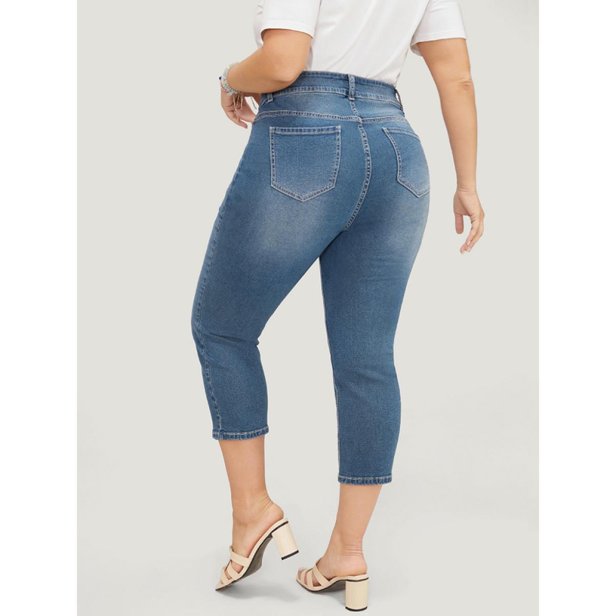 Plus Size Skinny Very Stretchy High Rise Medium Wash Cropped Jeans Women Indigo Casual Plain High stretch Side seam pocket Jeans BloomChic 28/5X Product Image