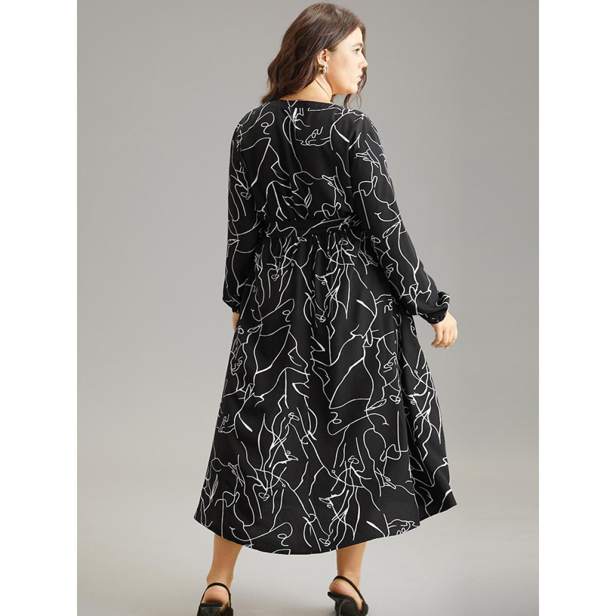 Plus Size Geometric Print Pocket Notched Belted Dress Black Women Elegant Elastic cuffs Notched collar Long Sleeve Curvy Midi Dress BloomChic 30/6X Product Image