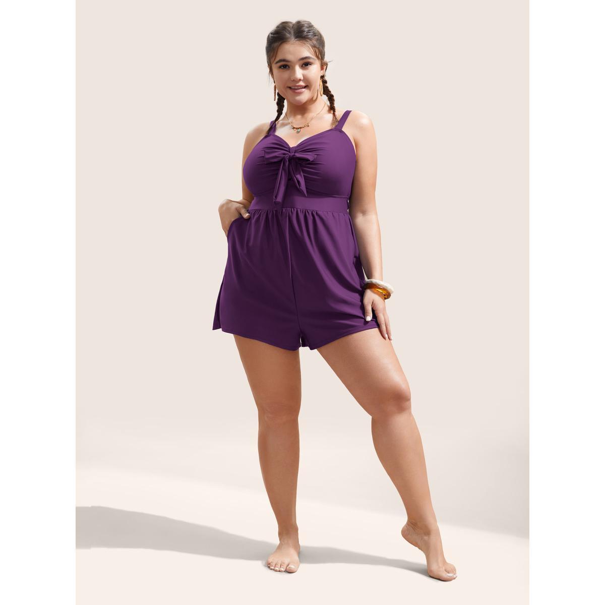Plus Size Plain Bowknot Pocket Gathered One Piece Swimsuit Women's Swimwear Eggplant Beach Non Curve Bathing Suits High stretch One Pieces BloomChic 30/6X Product Image