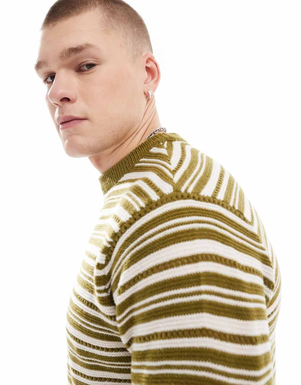 Another Influence striped round neck sweater in khaki Product Image