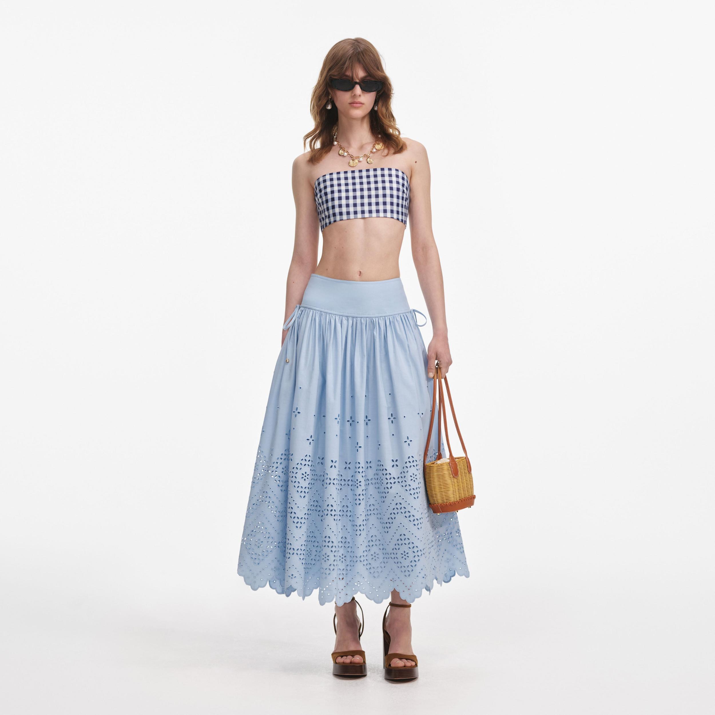 Blue Cotton Broderie Midi Skirt Product Image