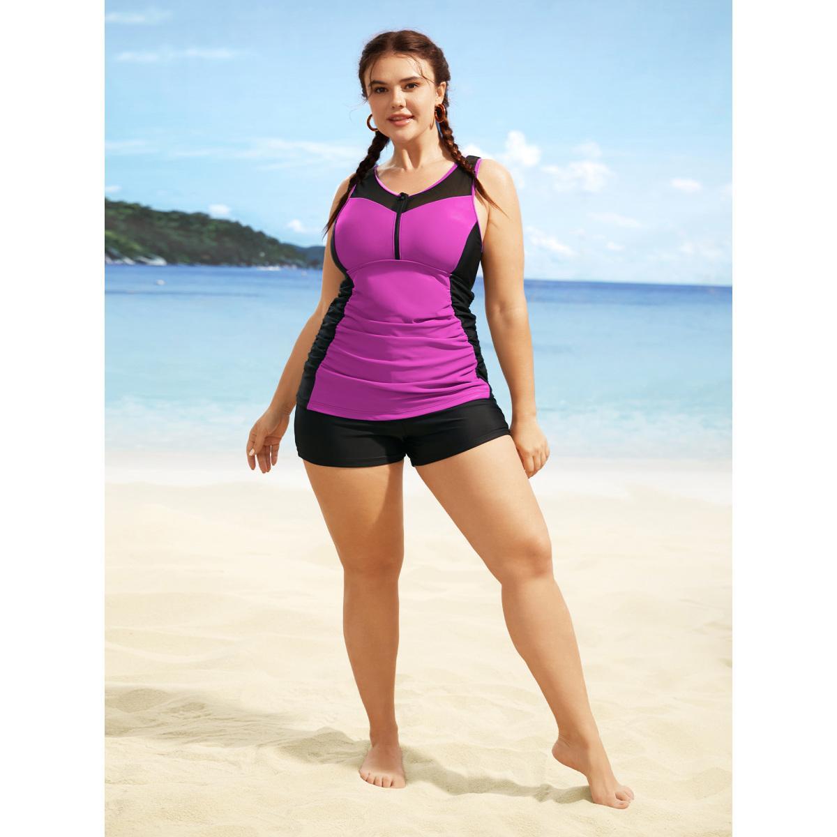 Plus Size Contrast Patchwork Gathered Half Zip Swim Top Women's Swimwear RedViolet Beach Gathered High stretch Skinny Round Neck Curve Swim Tops BloomChic 26/4X Product Image