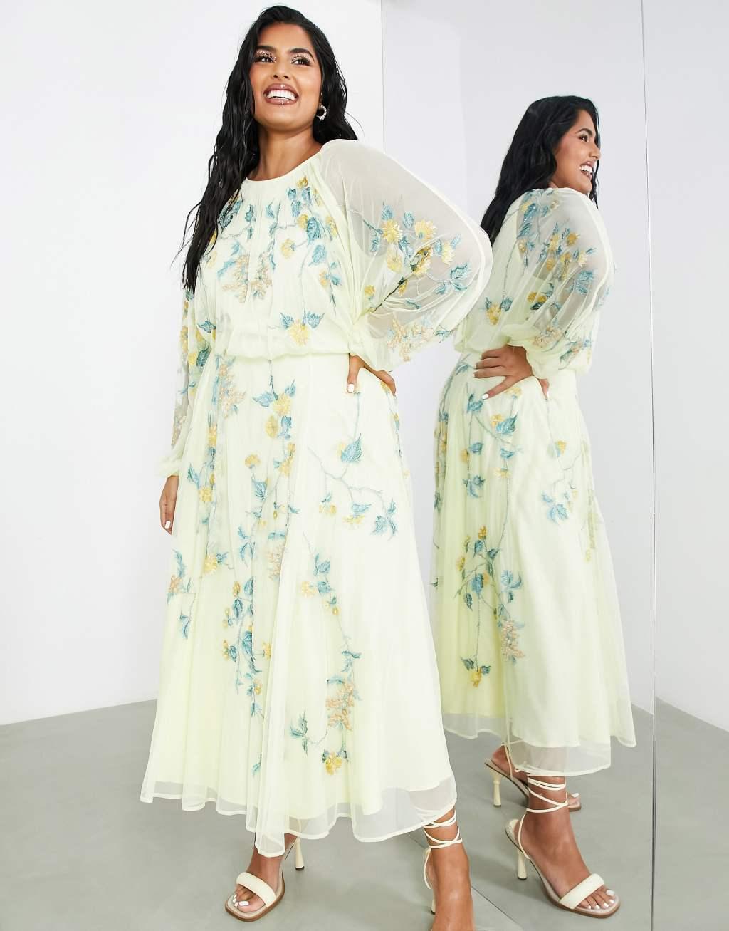 ASOS EDITION Curve floral embroidered mesh midi dress with blouson sleeve in lemon Product Image
