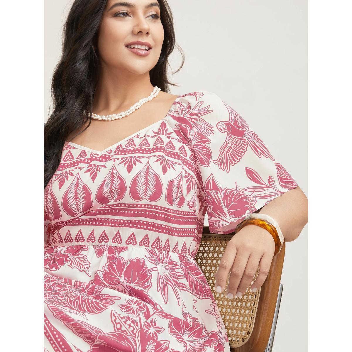 Plus Size Boho Print Fit Flare Pockets Midi Dress Blush Women Resort Non Heart neckline Short sleeve Curvy BloomChic 14-16/1X Product Image