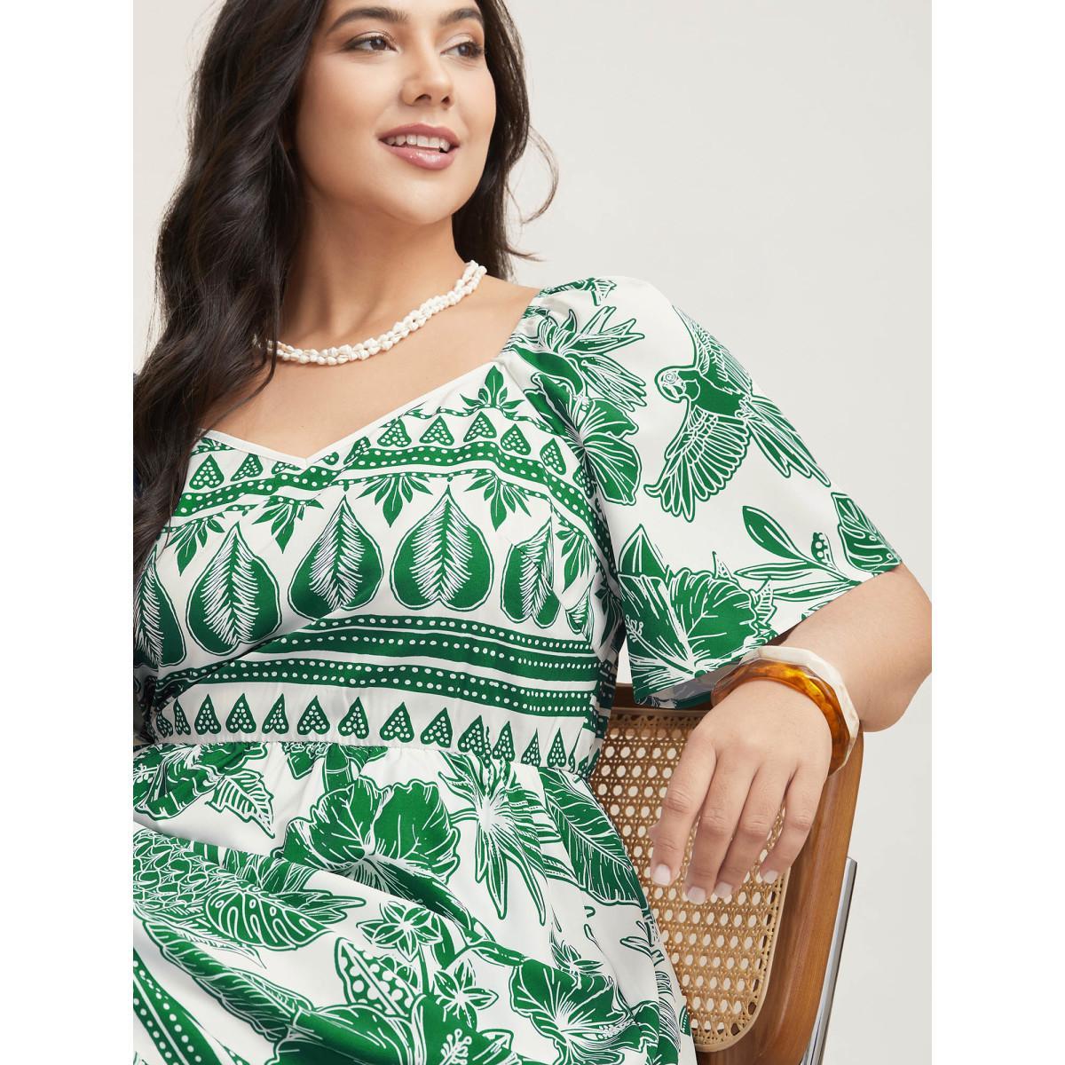 Plus Size Boho Print Fit Flare Pockets Midi Dress DarkBlue Women Resort Non Heart neckline Short sleeve Curvy BloomChic 30/6X Product Image