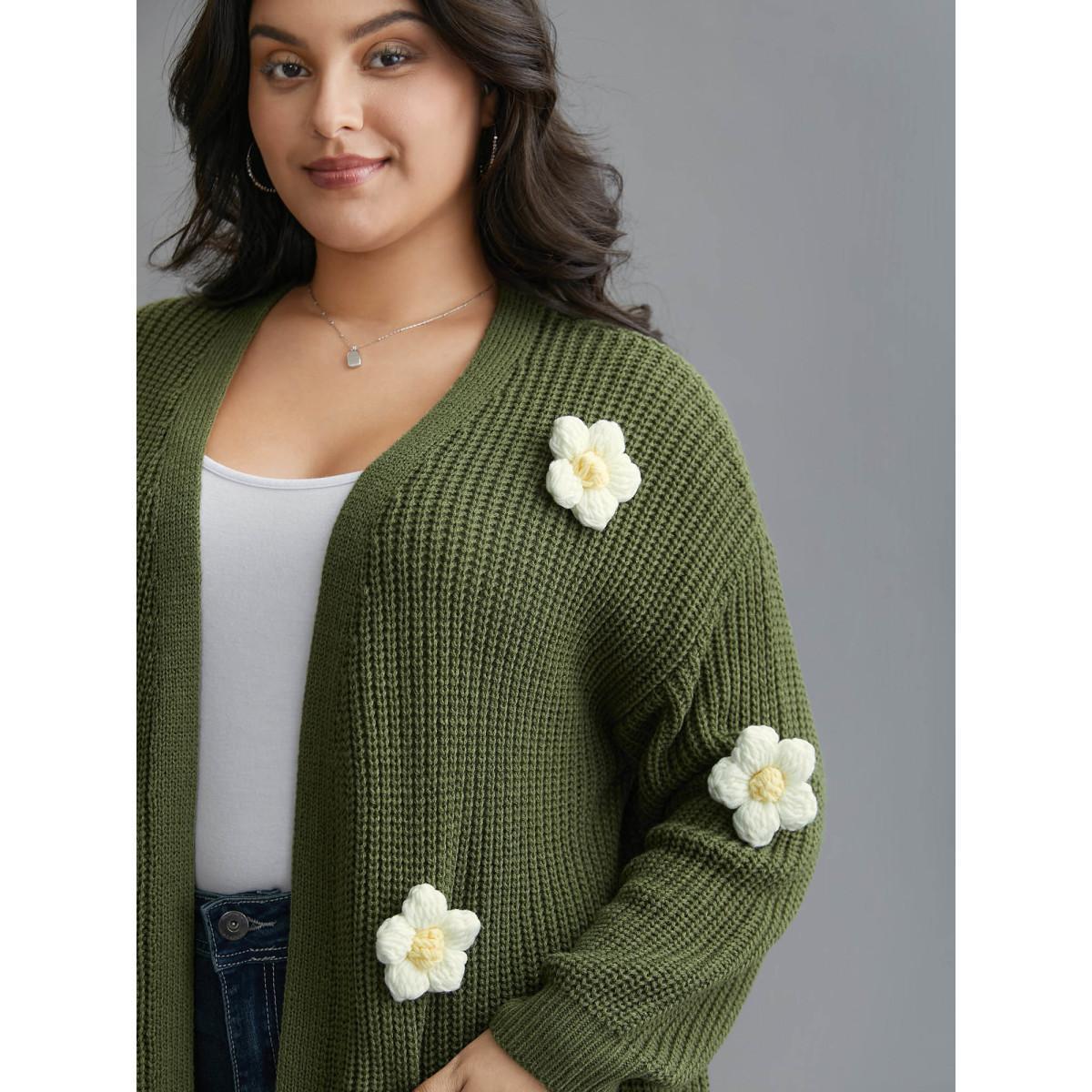 Plus Size Floral Motifs V-Neck Pockets Knit Cardigan Moss Women Casual Loose Long Sleeve Everyday Cardigans BloomChic 14-16/1X Product Image