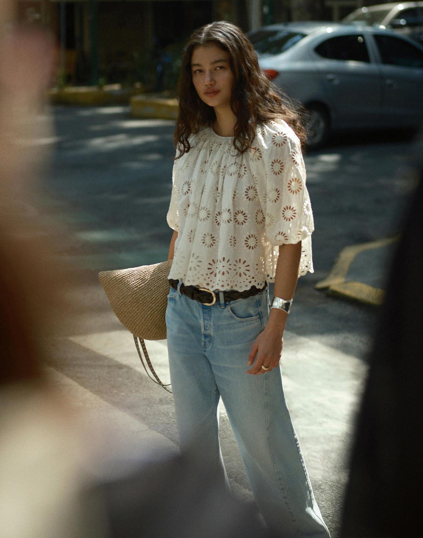 Embroidered Shirred Puff-Sleeve Top Product Image