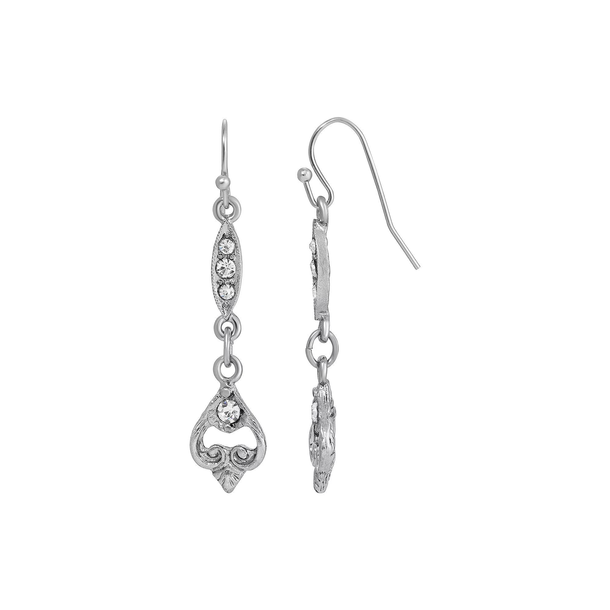 1928 Silver Tone Crystal Upside Down Heart Drop Linear Earrings, Womens, White Product Image