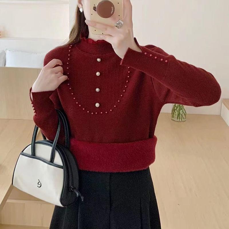 Mock Neck Plain Faux Pearl Detail Sweater Product Image