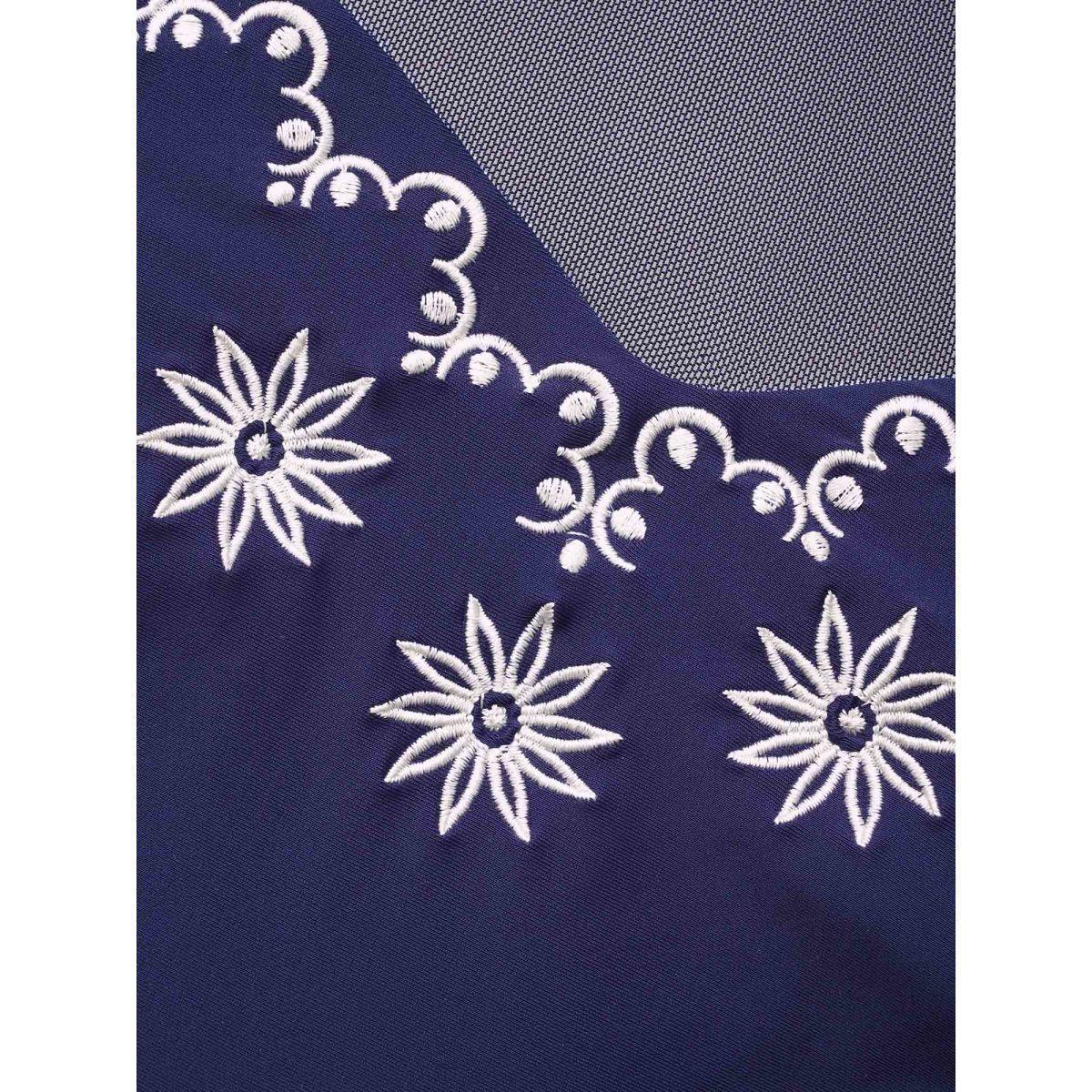 Plus Size Floral Embroidered Mesh Patchwork Ruched One Piece Swimsuit Women's Swimwear Indigo Beach Gathered Curve Bathing Suits High stretch One Pieces BloomChic 30/6X Product Image