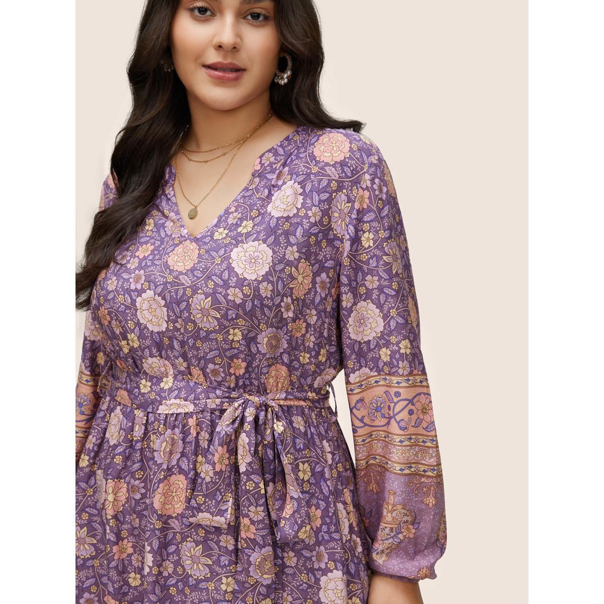 Plus Size Boho Print Belted Notched Lantern Sleeve Dress Mauve Women Resort Non Notched collar Long Sleeve Curvy Midi Dress BloomChic 14-16/1X Product Image