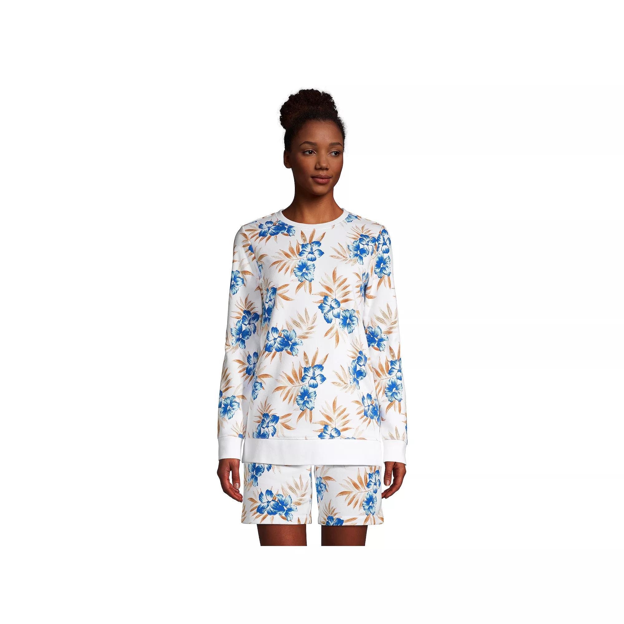 Women's Lands' End Serious Sweats Crewneck Sweatshirt Tunic, Size: Medium, White Floral Product Image