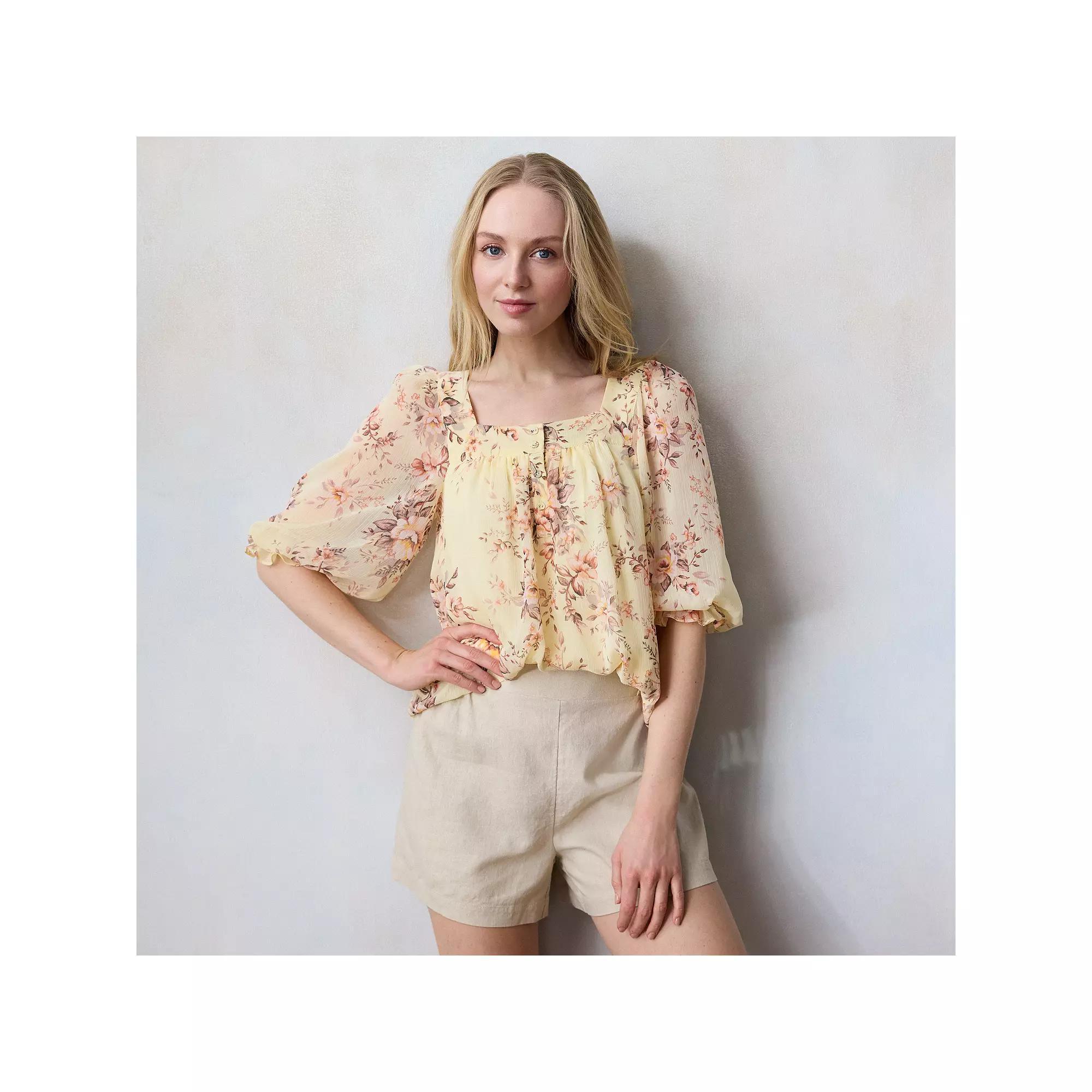 Womens LC Lauren Conrad Henley Puff Sleeve Peasant Top Product Image
