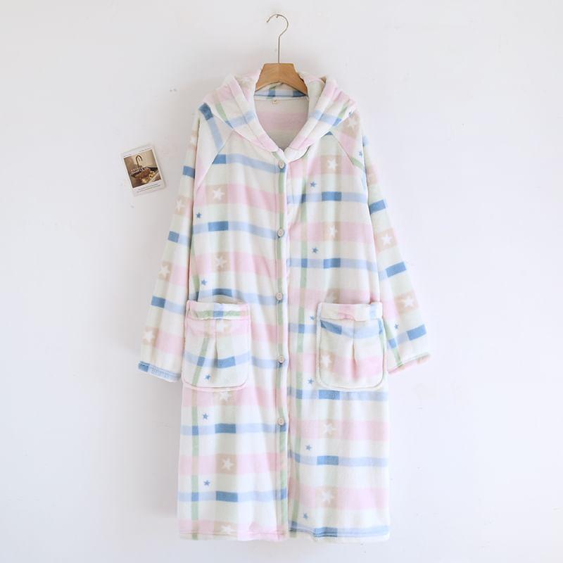 Print Hooded Fleece Button Robe Product Image