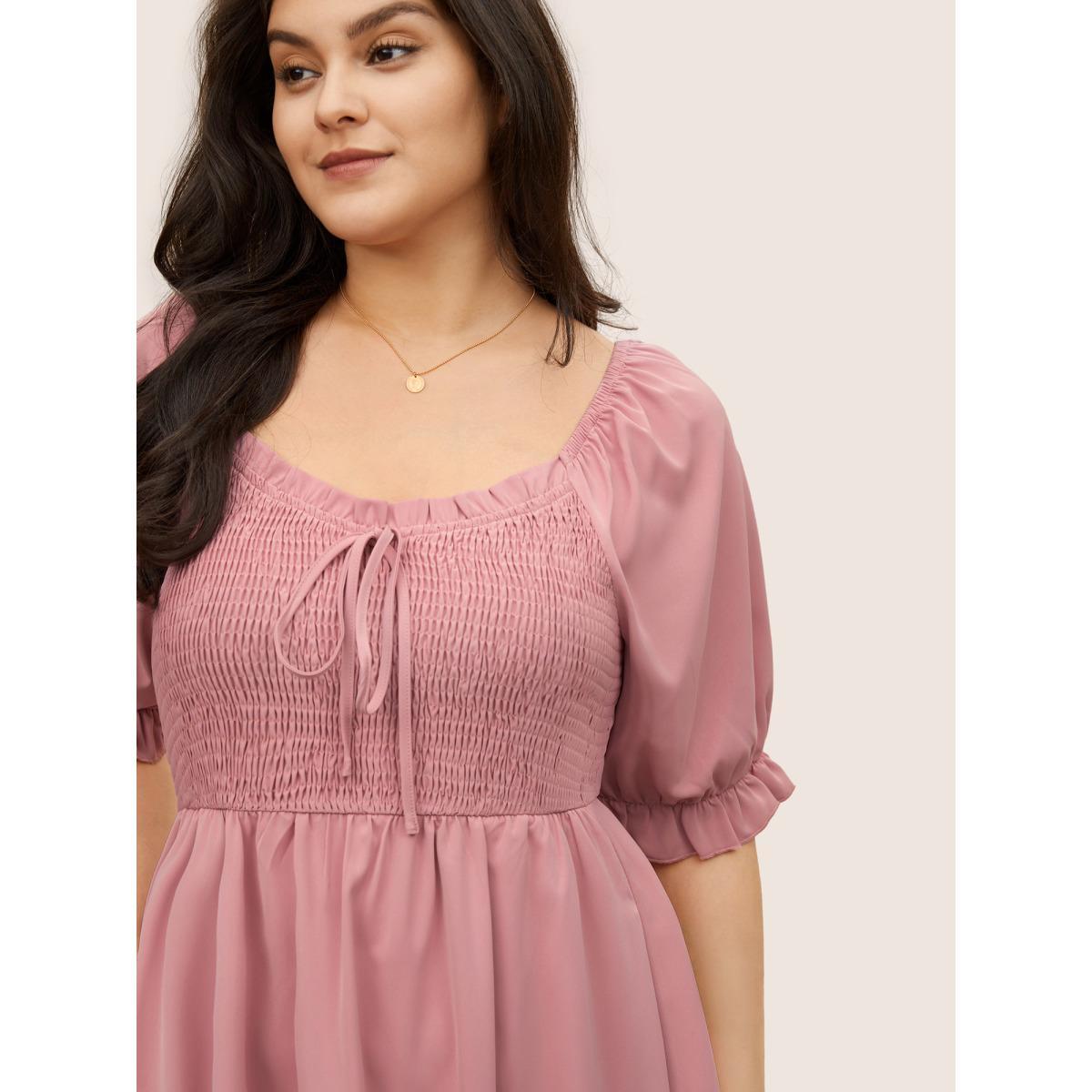 Plus Size Square Neck Shirred Elastic Waist Ties Dress Watermelon Women Elegant Non Square Neck Short sleeve Curvy Midi Dress BloomChic 10/M Product Image