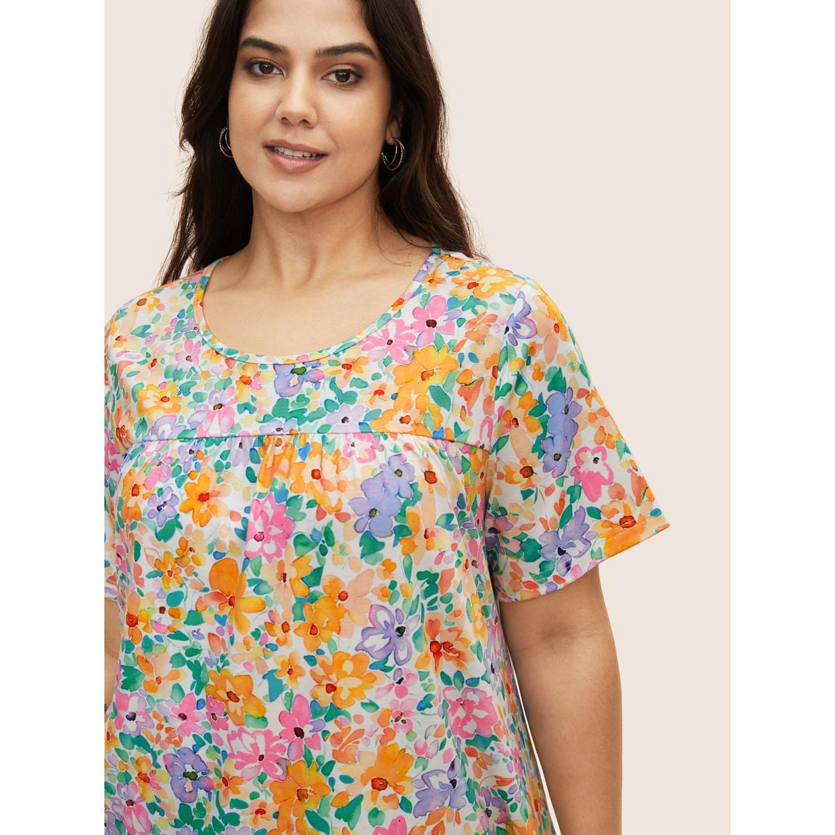 Plus Size Crew Neck Colored Floral Gathered T-shirt Multicolor Women Elegant Contrast Natural Flowers Round Neck Everyday T-shirts BloomChic 14-16/1X Product Image
