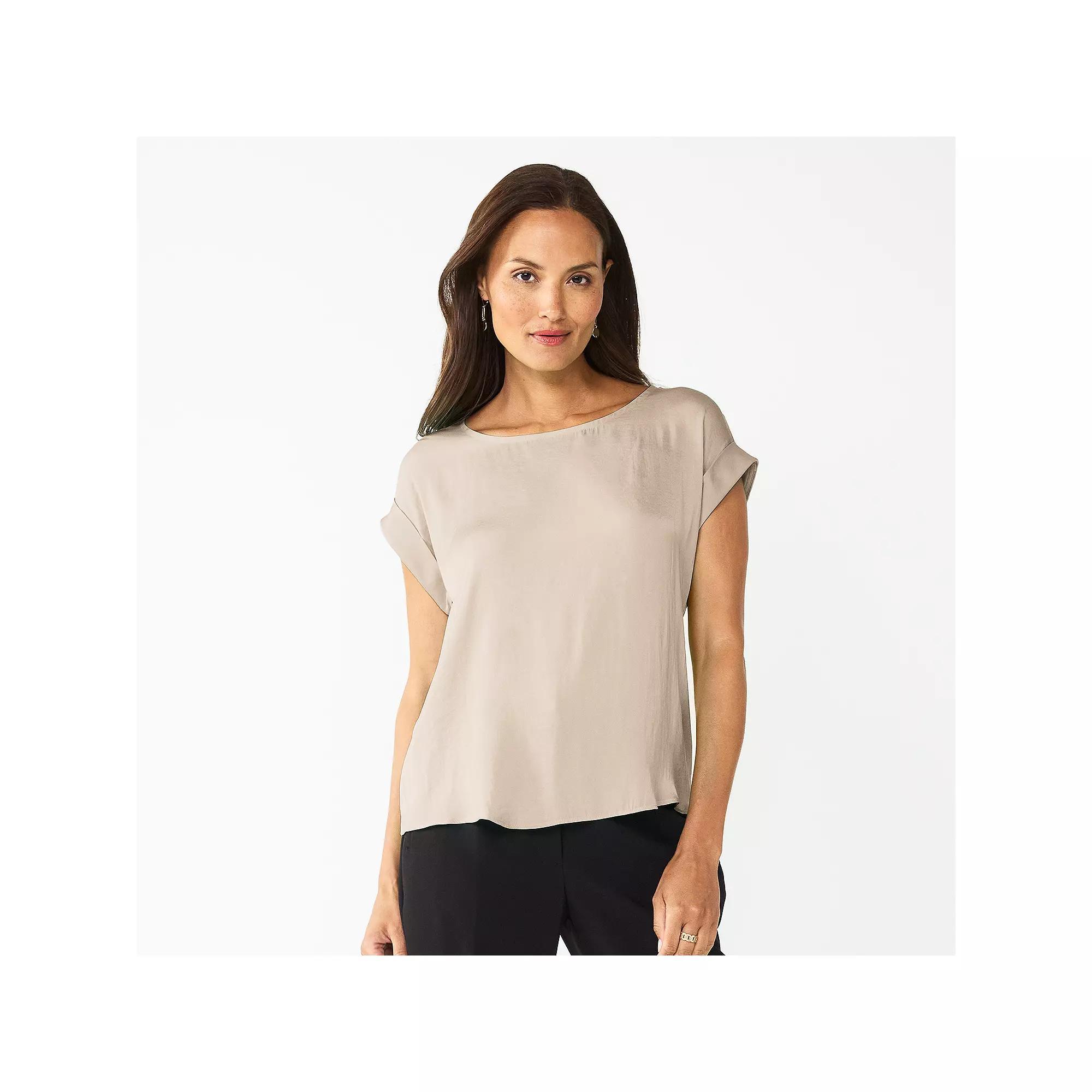 Women's Nine West Roll Cuff Woven Tee, Size: Large, Camelot Beige Product Image