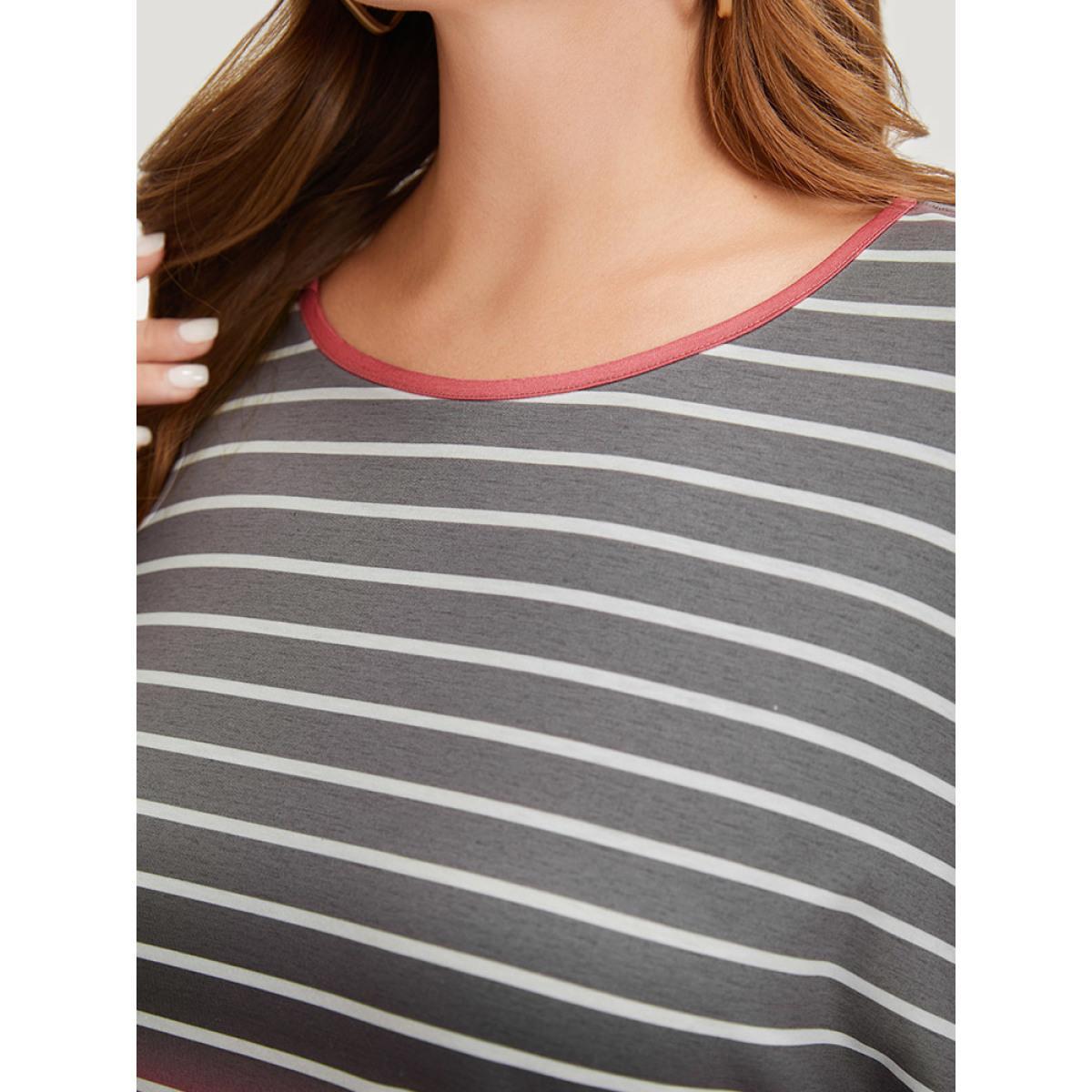 Plus Size Striped Contrast Roll Pocket Dolman Sleeve Dress Multicolor Women Casual Plain Round Neck Short sleeve Curvy Knee Dress BloomChic 18-20/2X Product Image