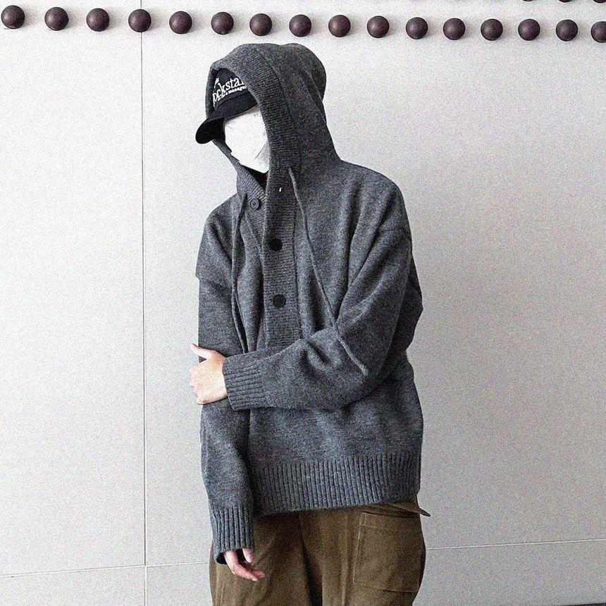Half buttoned Plain Knit Hoodie Product Image