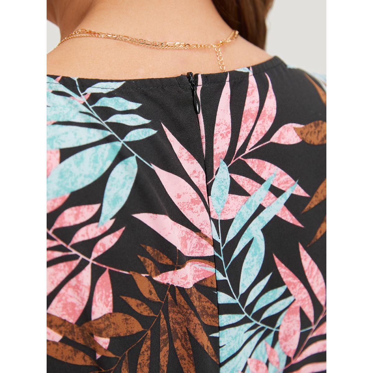 Plus Size Black Tropical Print Knot Neck Shirred Wrap Jumpsuit Women Elegant Short sleeve Tie Neck Dailywear Loose Jumpsuits BloomChic 30/6X Product Image