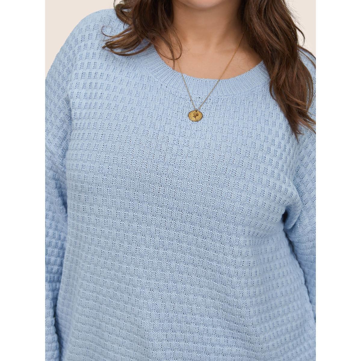 Plus Size Plain Texture Round Neck Elastic Cuffs Pullover LightBlue Women Basics Long Sleeve Round Neck Everyday Pullovers BloomChic 10/M Product Image