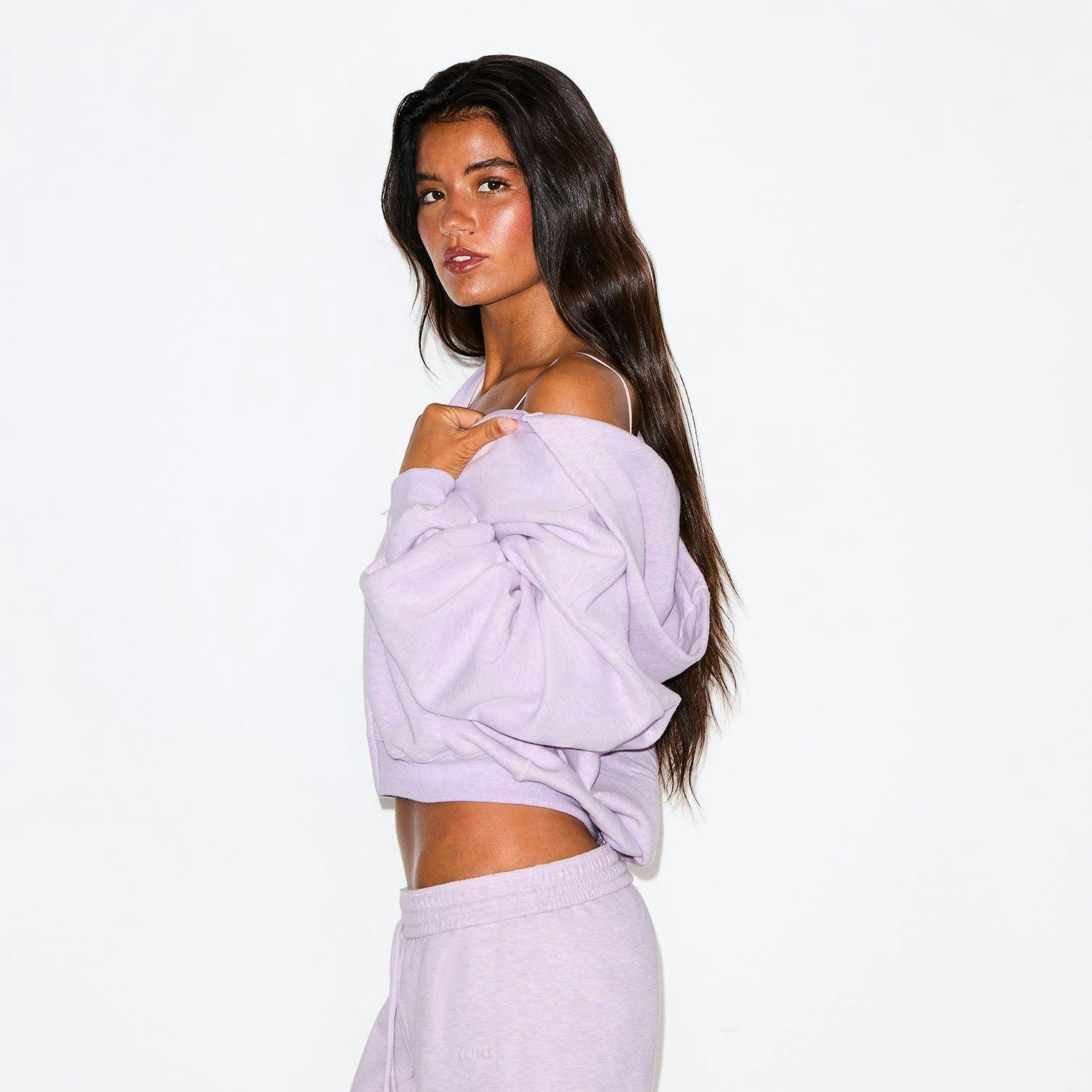 COTTON FLEECE CROPPED ZIP UP HOODIE | PURPLE HEATHER Product Image