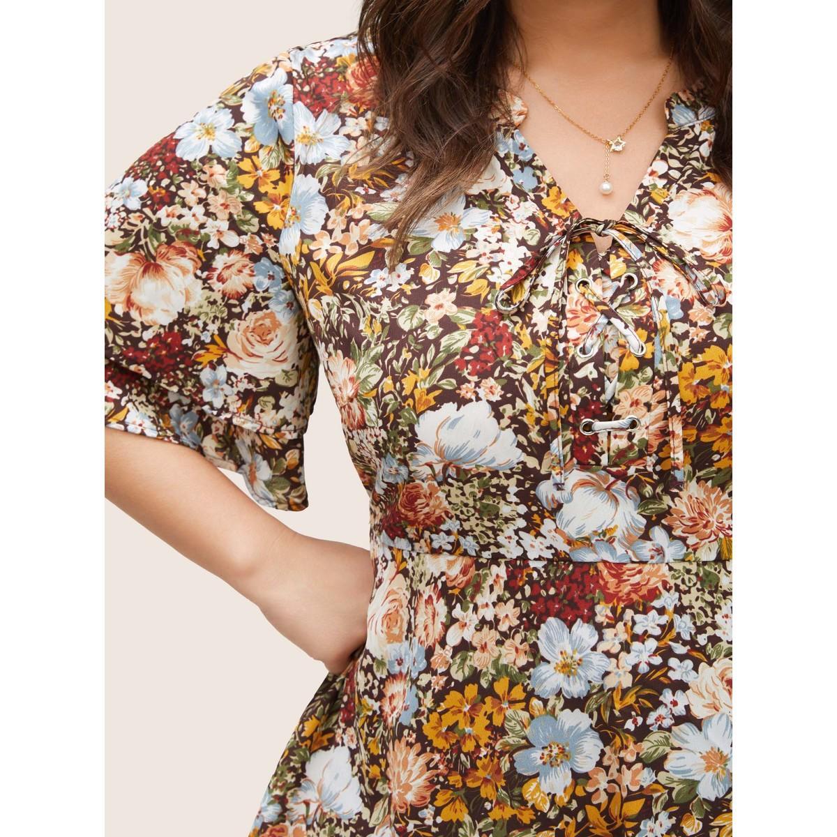 Plus Size Multicolor Floral Tiered Ruffle Sleeve Ties Blouse Women Elegant Short sleeve V-neck Everyday Blouses BloomChic 28/5X Product Image