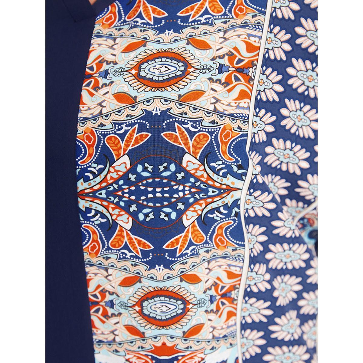Plus Size Indigo Bandana Print Patchwork Contrast Roll Batwing Sleeve Blouse Women Vacation Short sleeve V-neck Dailywear Blouses BloomChic 14-16/1X Product Image