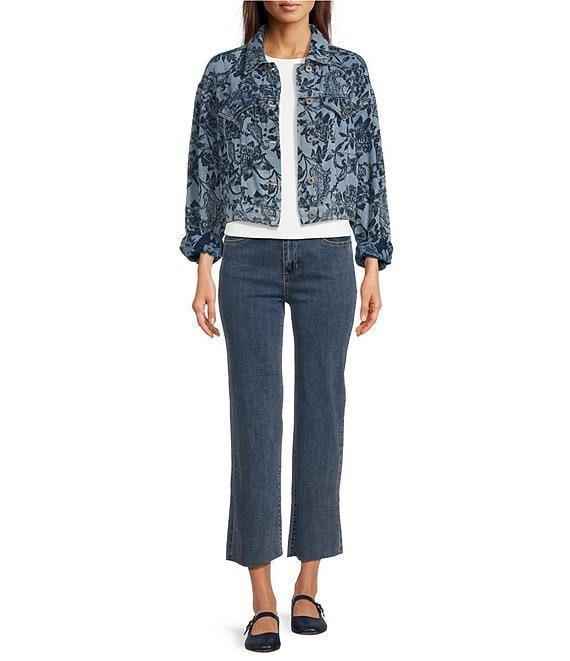 Charlie B. Denim Floral Jacquard Point Collar Long Sleeve Jacket Product Image
