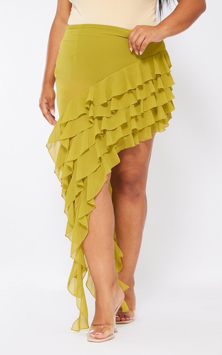 Plus Olive Ruffle Detail Asymmetric Midi Skirt Product Image