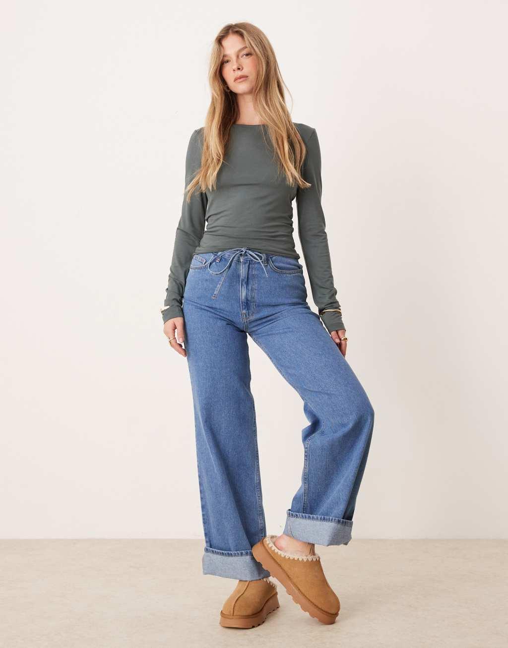 Gina Tricot Soft Touch jersey long sleeve top with round neck in gray green Product Image