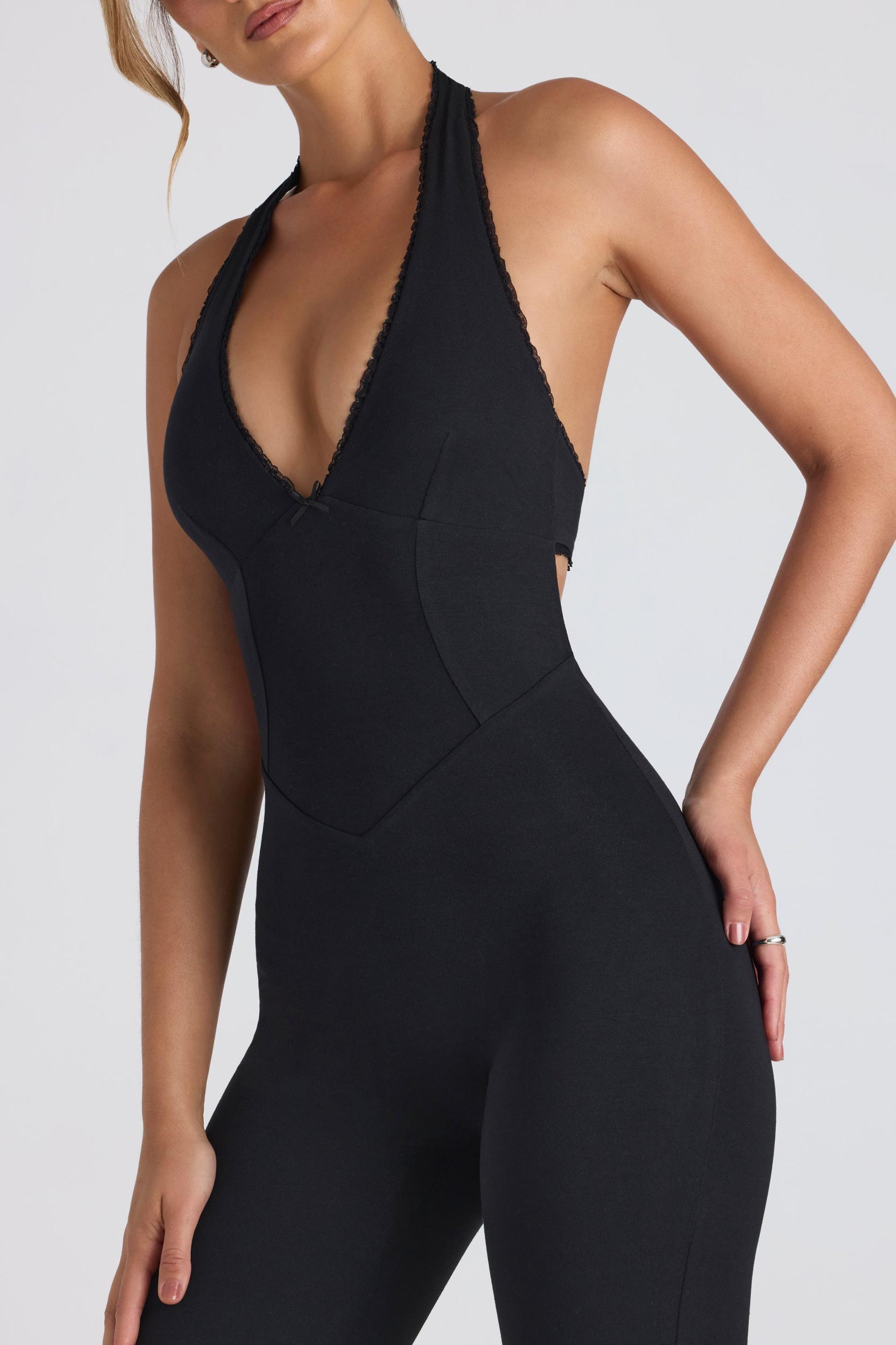 Modal Lace-Trim Cut-Out Flared Jumpsuit in Black Product Image