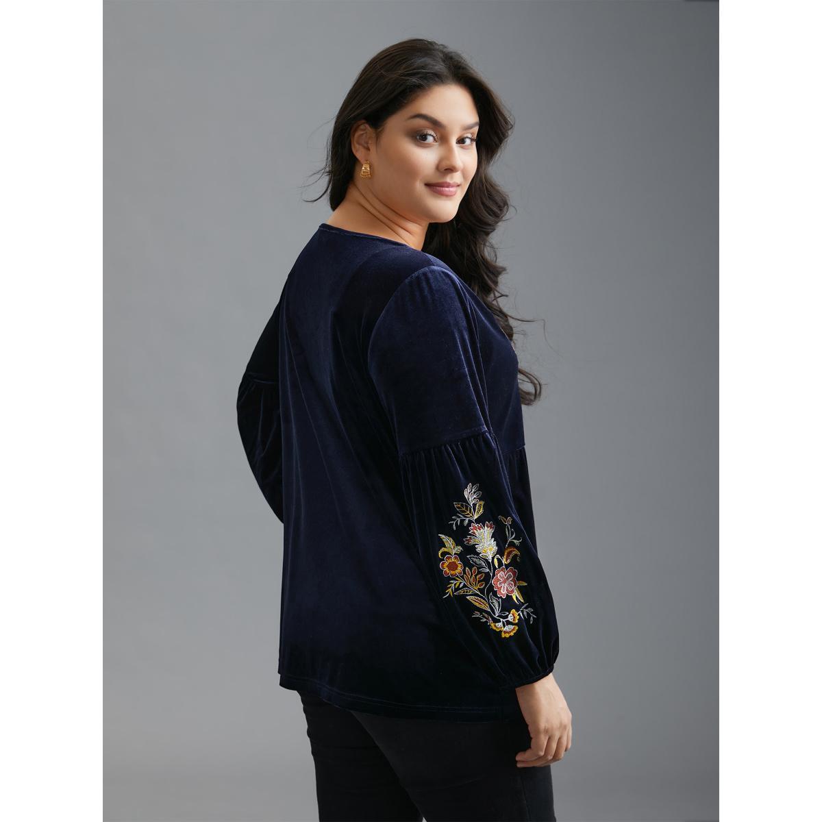 Plus Size Indigo Floral Embroidered Velvet Tie Knot Blouse Women Elegant Long Sleeve V-neck Everyday Blouses BloomChic 10/M Product Image