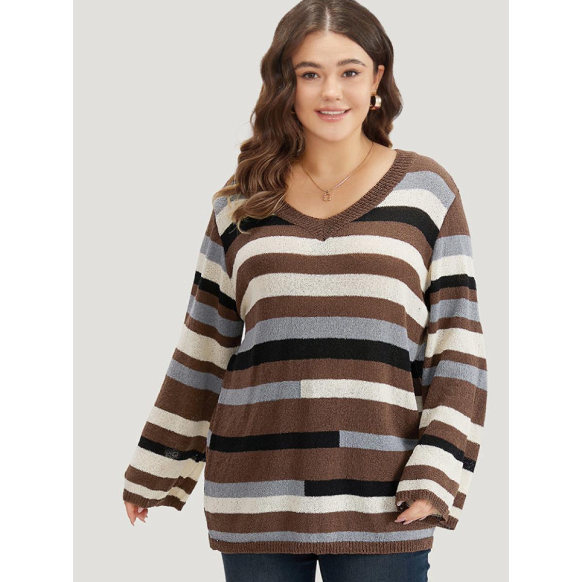Plus Size Striped Colorblock Contrast V Neck Pullover Multicolor Women Casual Long Sleeve V-neck Dailywear Pullovers BloomChic 10/M Product Image