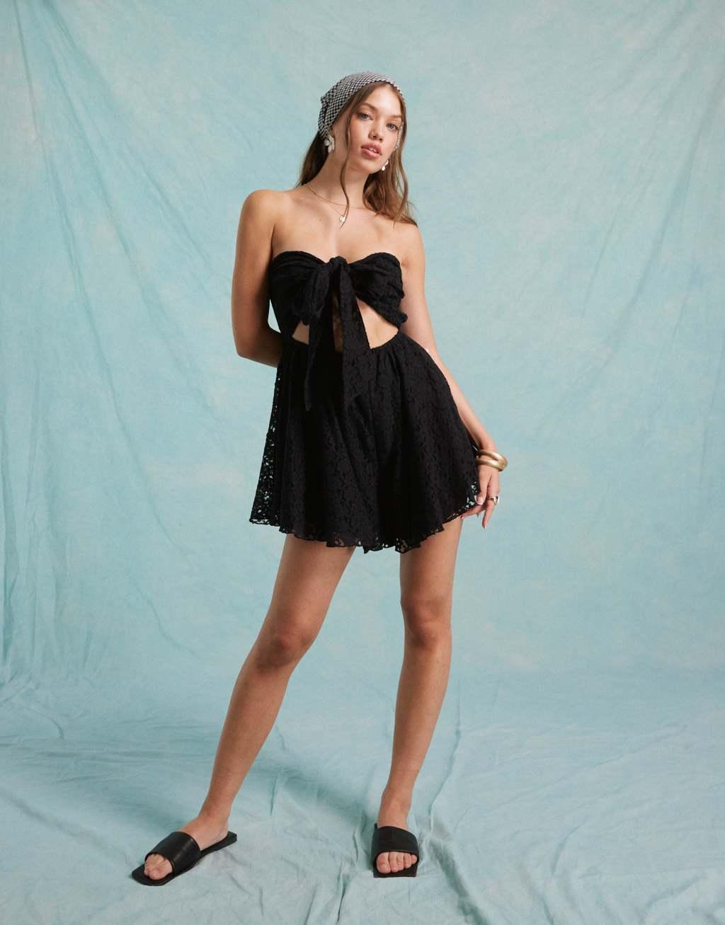Miss Selfridge beach lace tie front romper in black Product Image