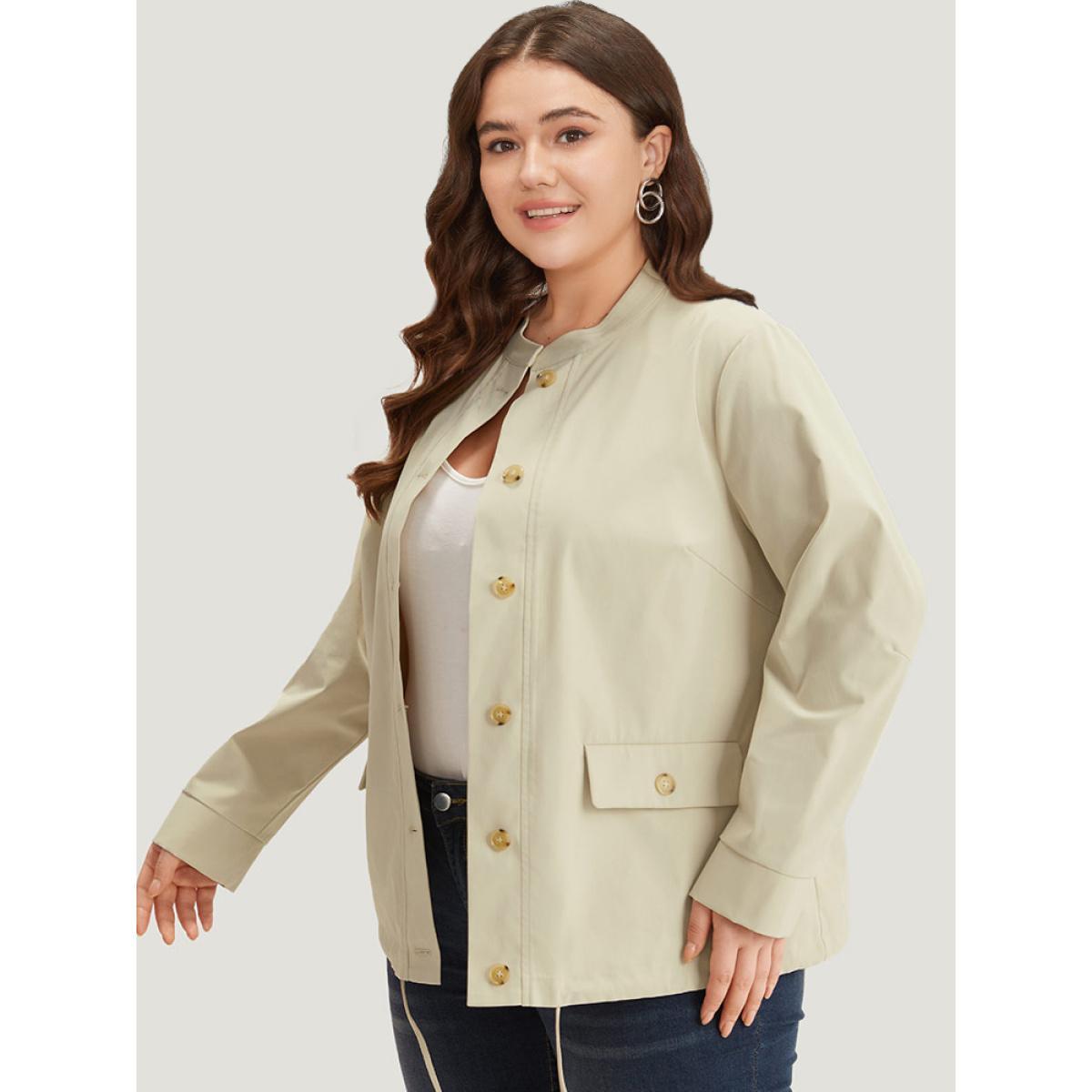 Plus Size Solid Stand Collar Drawstring Flap Pocket Jacket Women Ivory Casual Plain Ladies Dailywear Winter Coats BloomChic 30/6X Product Image