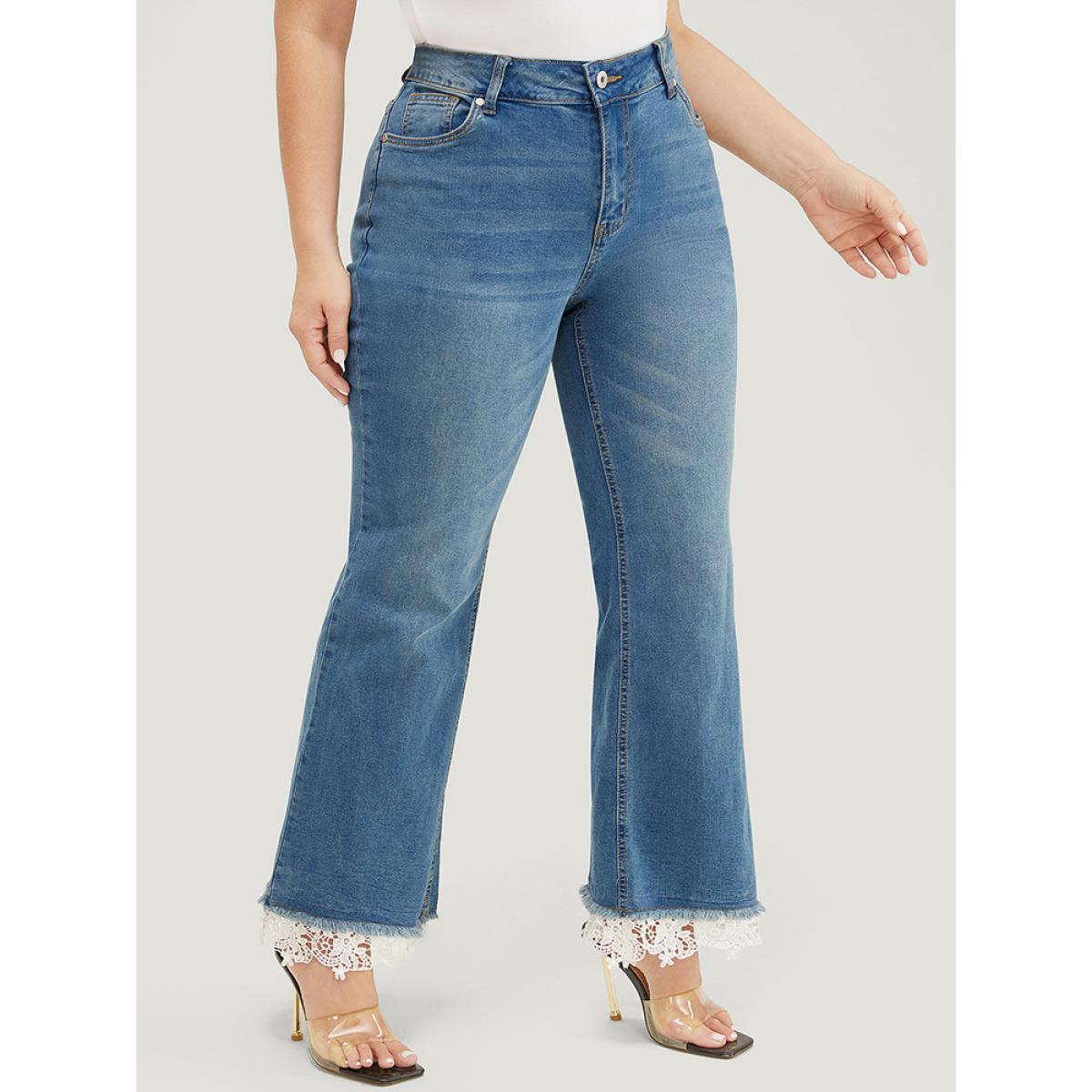 Plus Size Slightly Stretchy High Rise Dark Wash Lace Hem Jeans Women Stone Casual Plain Pocket Low stretch Pocket Jeans BloomChic 14/1X Product Image