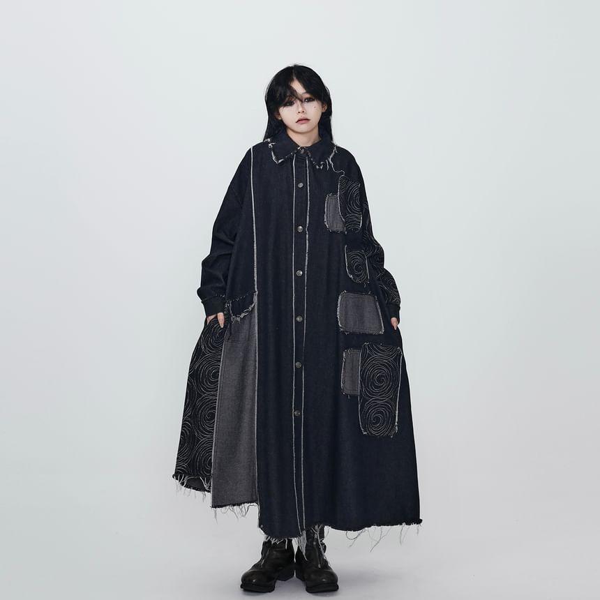 Collar Patchwork Fringed Denim Midi Single-Breasted Coat Product Image