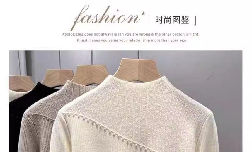 Long Sleeve Mock Neck Plain Beaded Fleece-Lined Knit Top Product Image