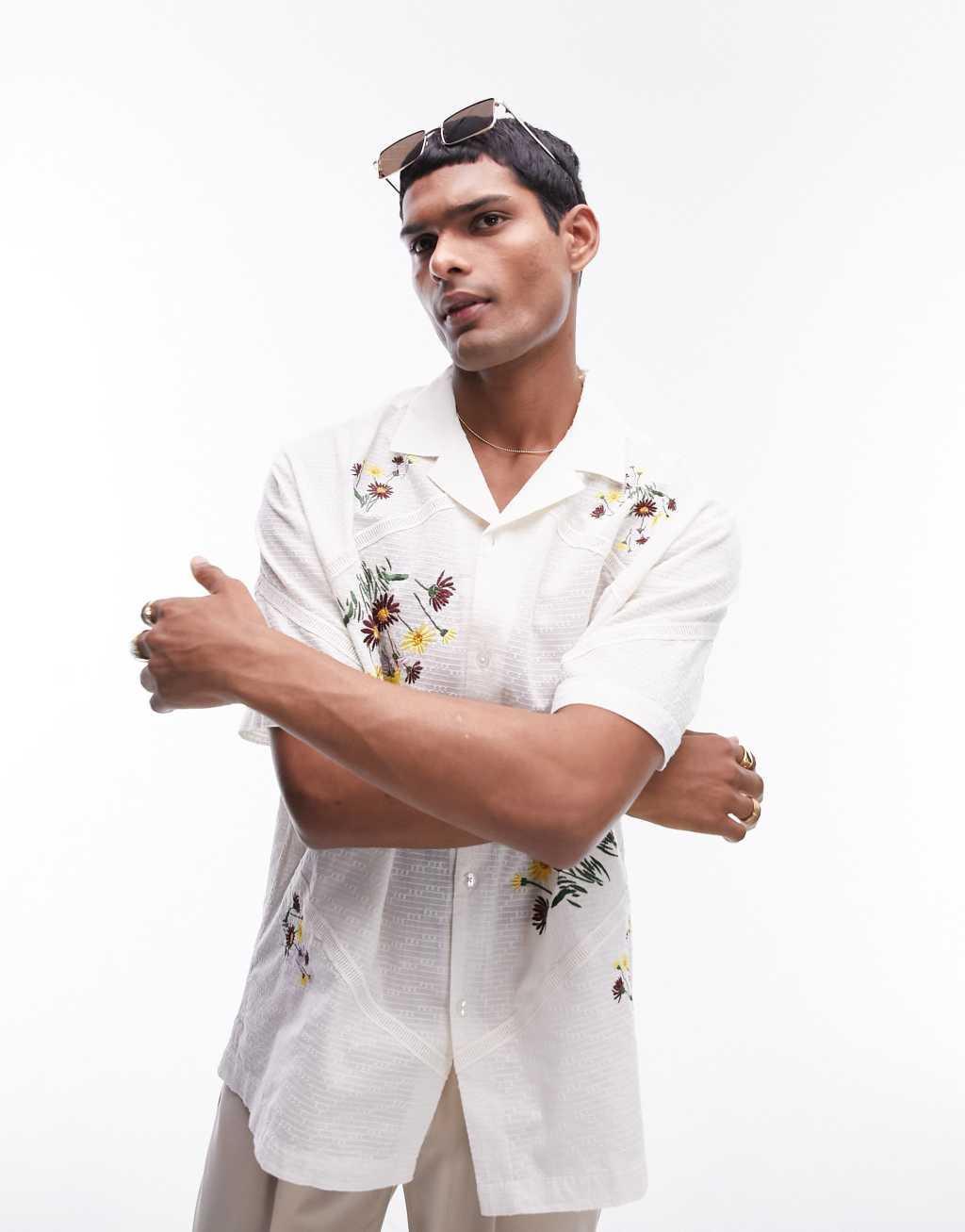 Topman short sleeve floral embroidered textured shirt in white Product Image