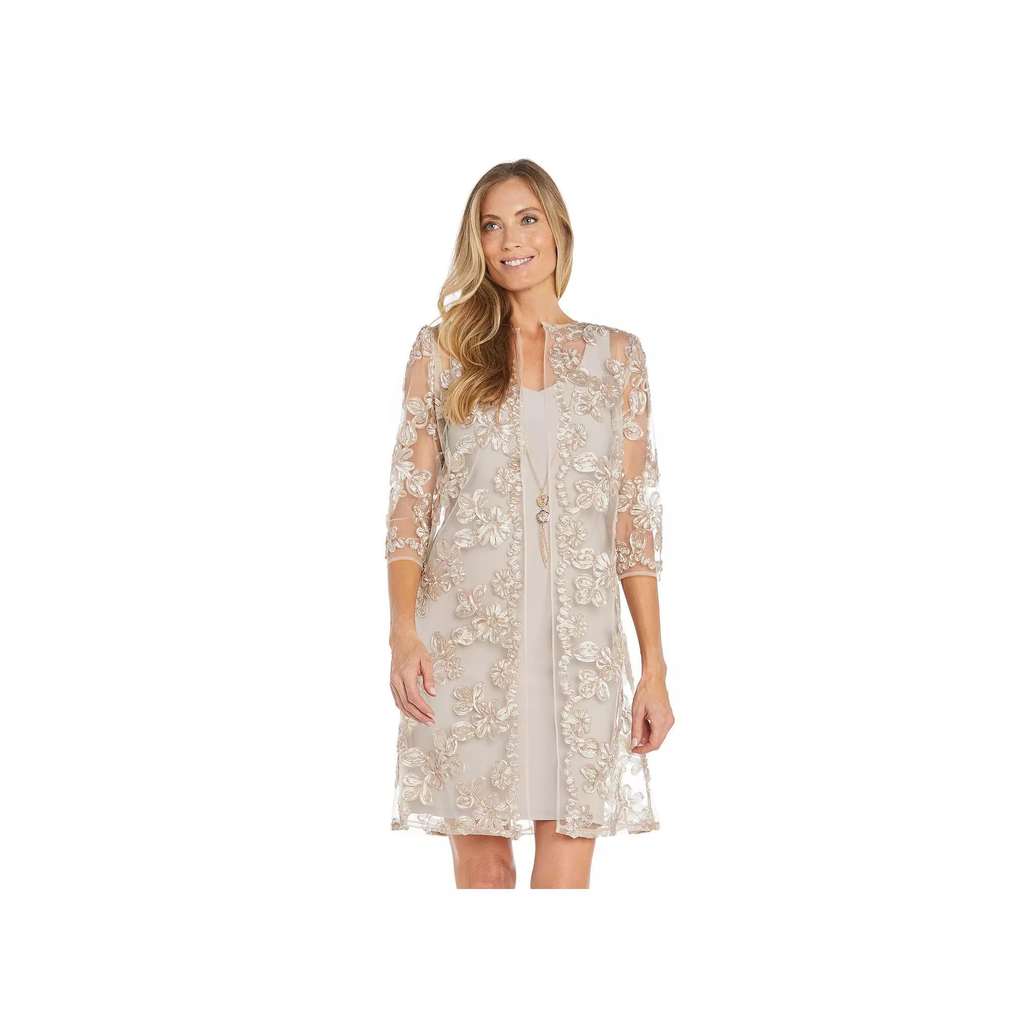 Petite R&M Richards 2-Piece Embroidered Soutache And Jersey Duster Jacket Dress, Women's, Size: 12 Petite, Beige Product Image