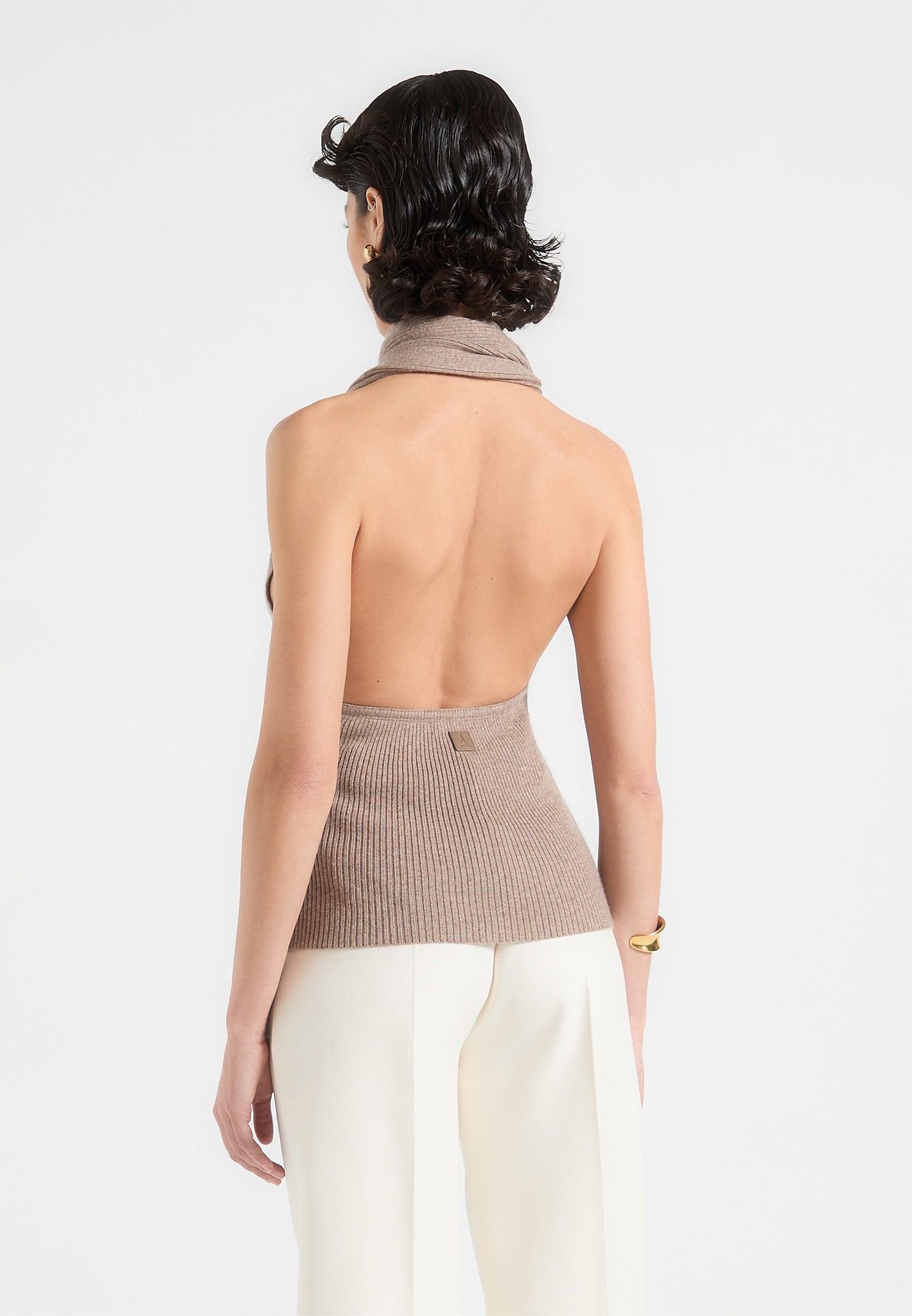 Elodie - Knitted Draped Halterneck Top - Taupe Female Product Image