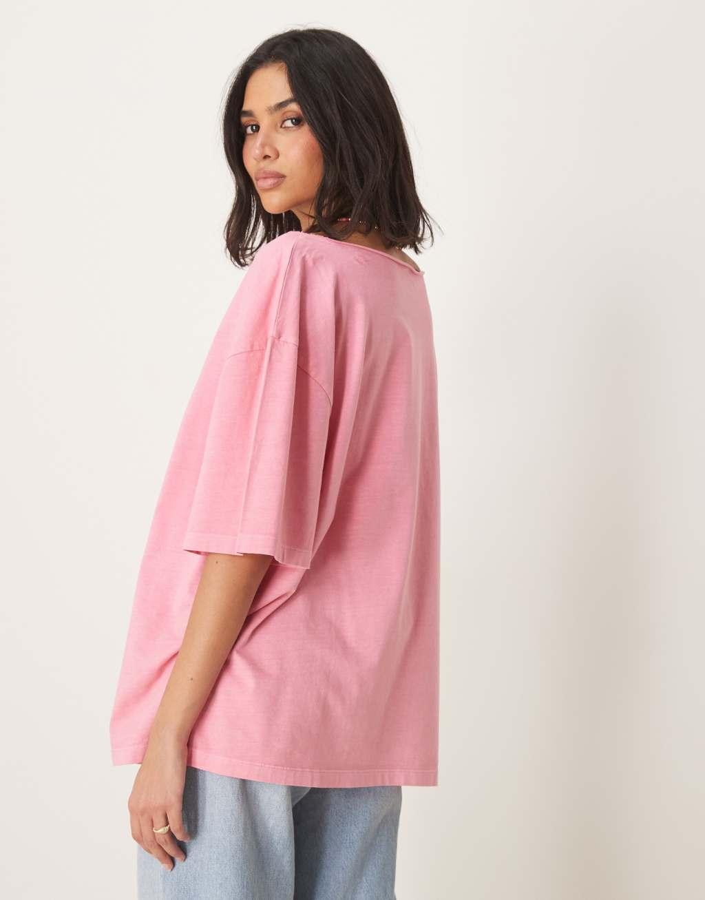 ASOS DESIGN slouchy off the shoulder oversized tee in washed pink Product Image
