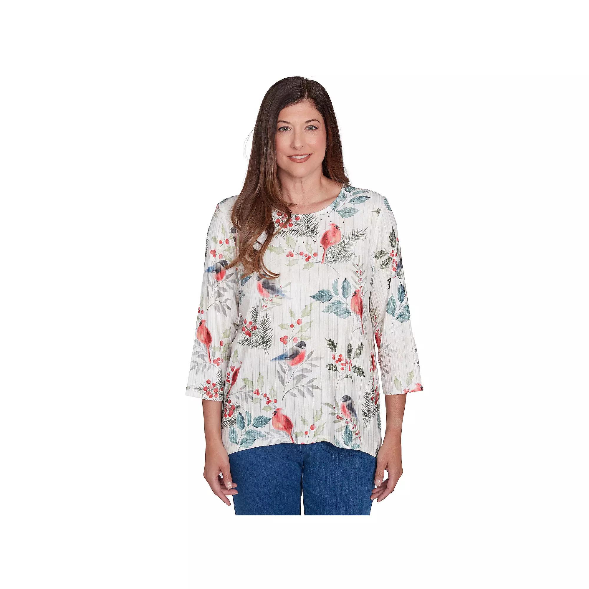 Women's Alfred Dunner Birds & Holly Leaf Top, Size: Large, Oatmeal Product Image