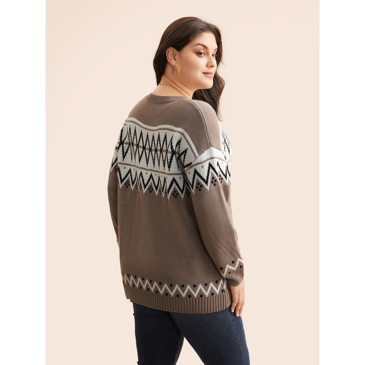 Plus Size Round Neck Geometric Drop Shoulder Cardigan Beige Women Casual Loose Long Sleeve Round Neck Everyday Pullovers BloomChic 14-16/1X Product Image