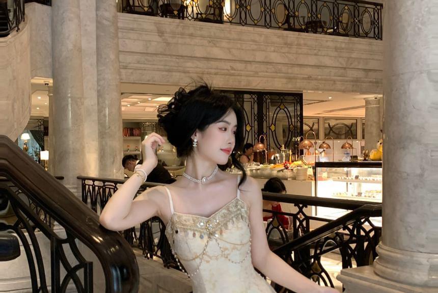 Spaghetti Strap V-Neck Pattern Jacquard Fringed Maxi A-Line Dress / Plain Faux Pearl Accent Long Cardigan / Set Product Image